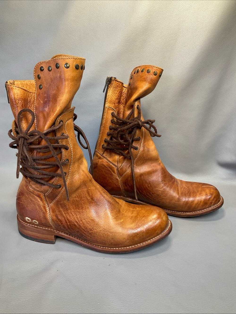 BED|STU Cognac Brown Leather Lace-Up Studded Ankle Boots